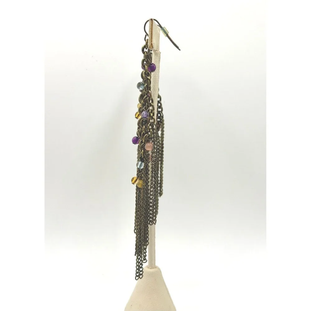 Antique Brass Tone Multi Color Bead Chain Tassel Chandelier Earrings‎ Boho 4.5
